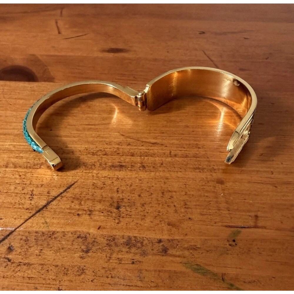 Gold Tone Hinged Cuff Bracelet with Turquoise Inlay Bohemian Statement Preowned - Picture 13 of 16
